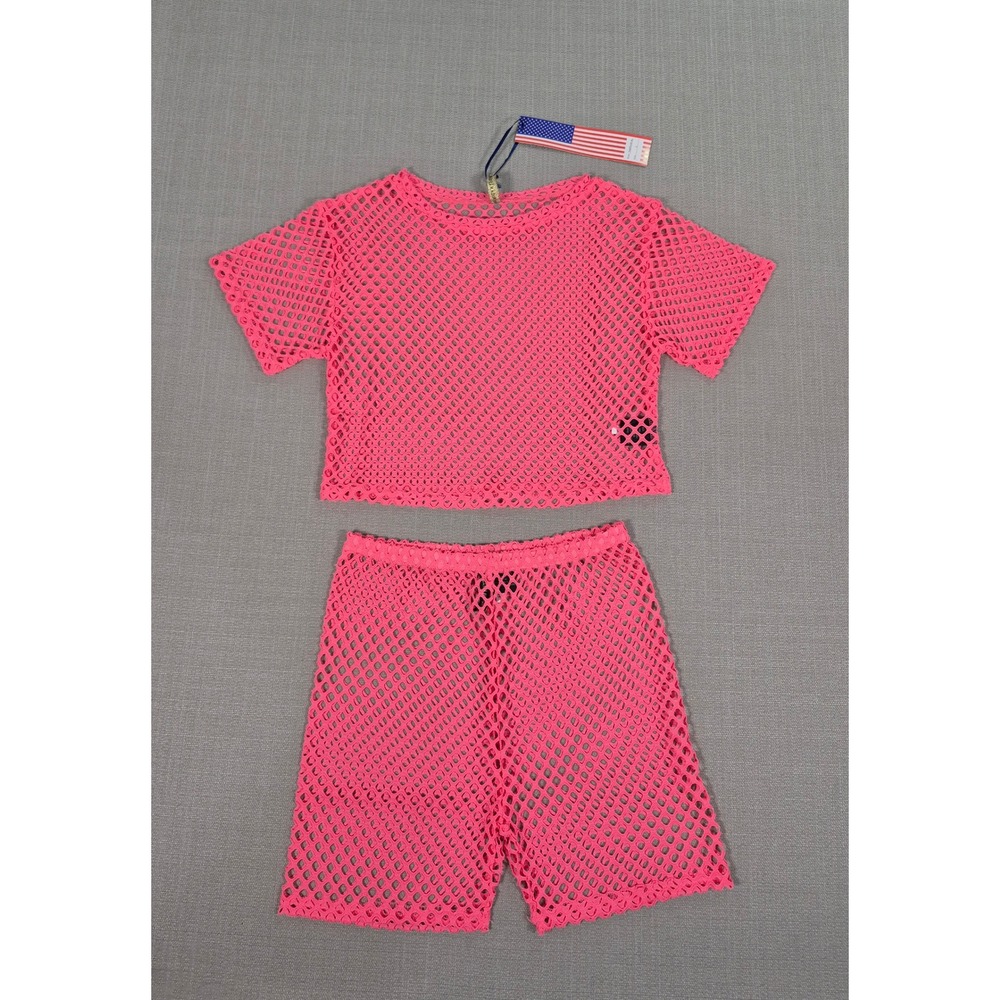 American Leisure Pink Mesh Two Piece Swimsuit Cover Up Crop Top Shorts Set S